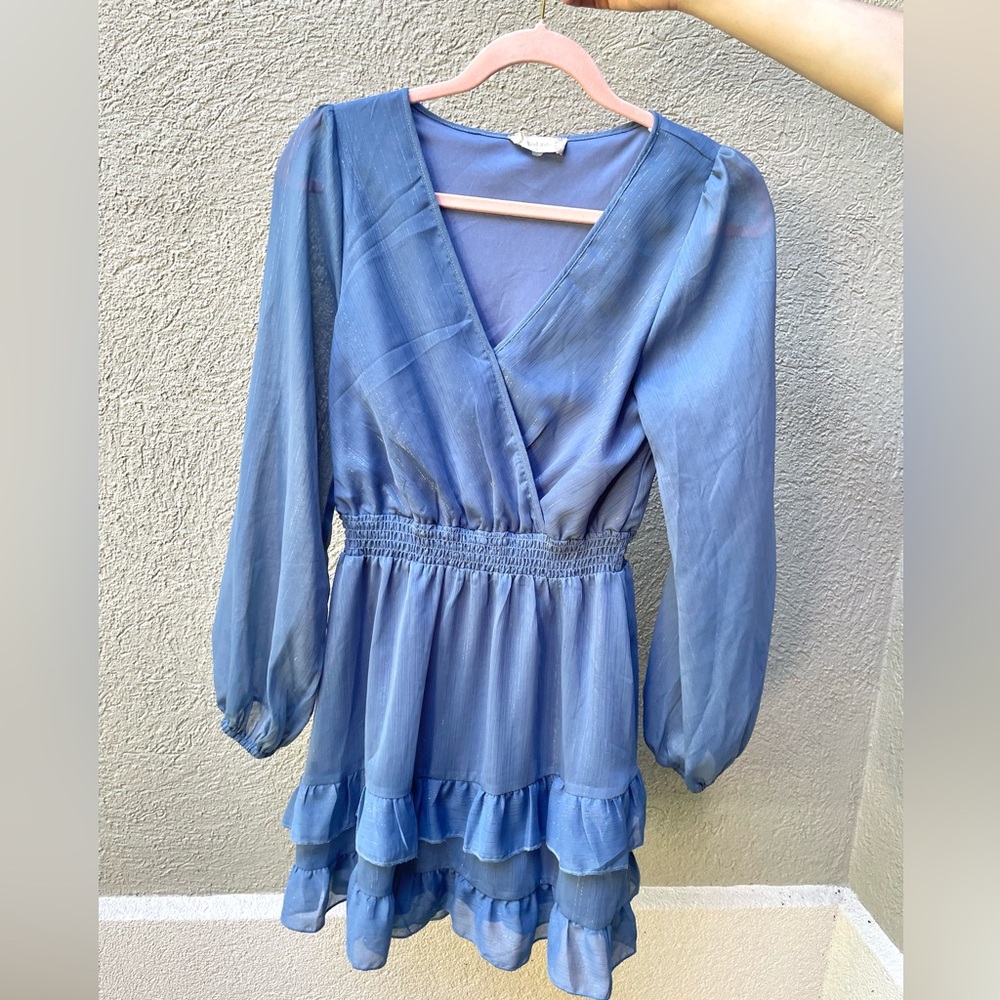 Altar'd State Dusty Blue shimmery ruffle Dress with sheer sleeves